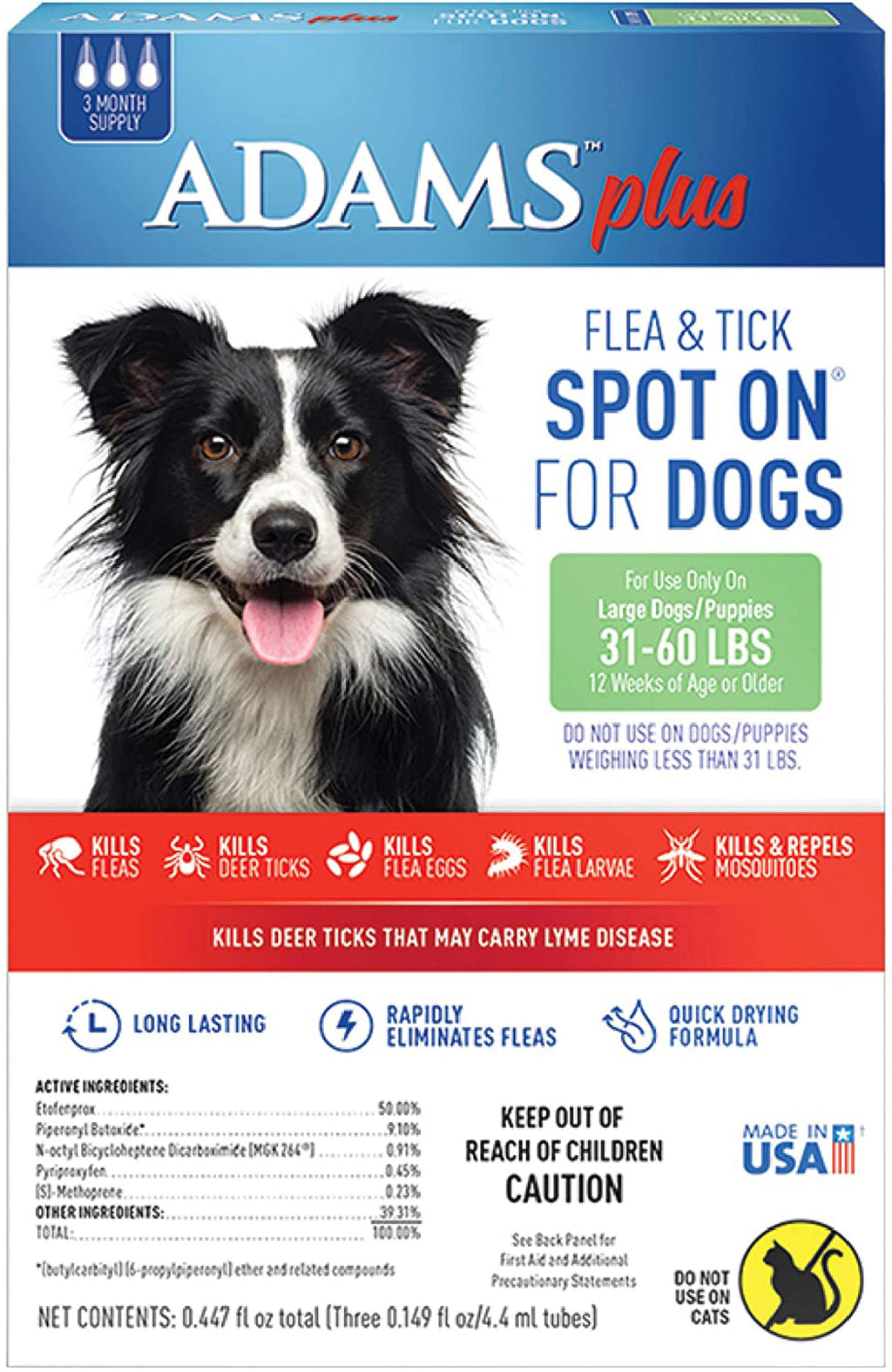 Adams Plus Flea  Tick Prevention Spot On for Dogs 3 Month Supply, Clear, 1ea/Large Dogs 31 To 60 lb