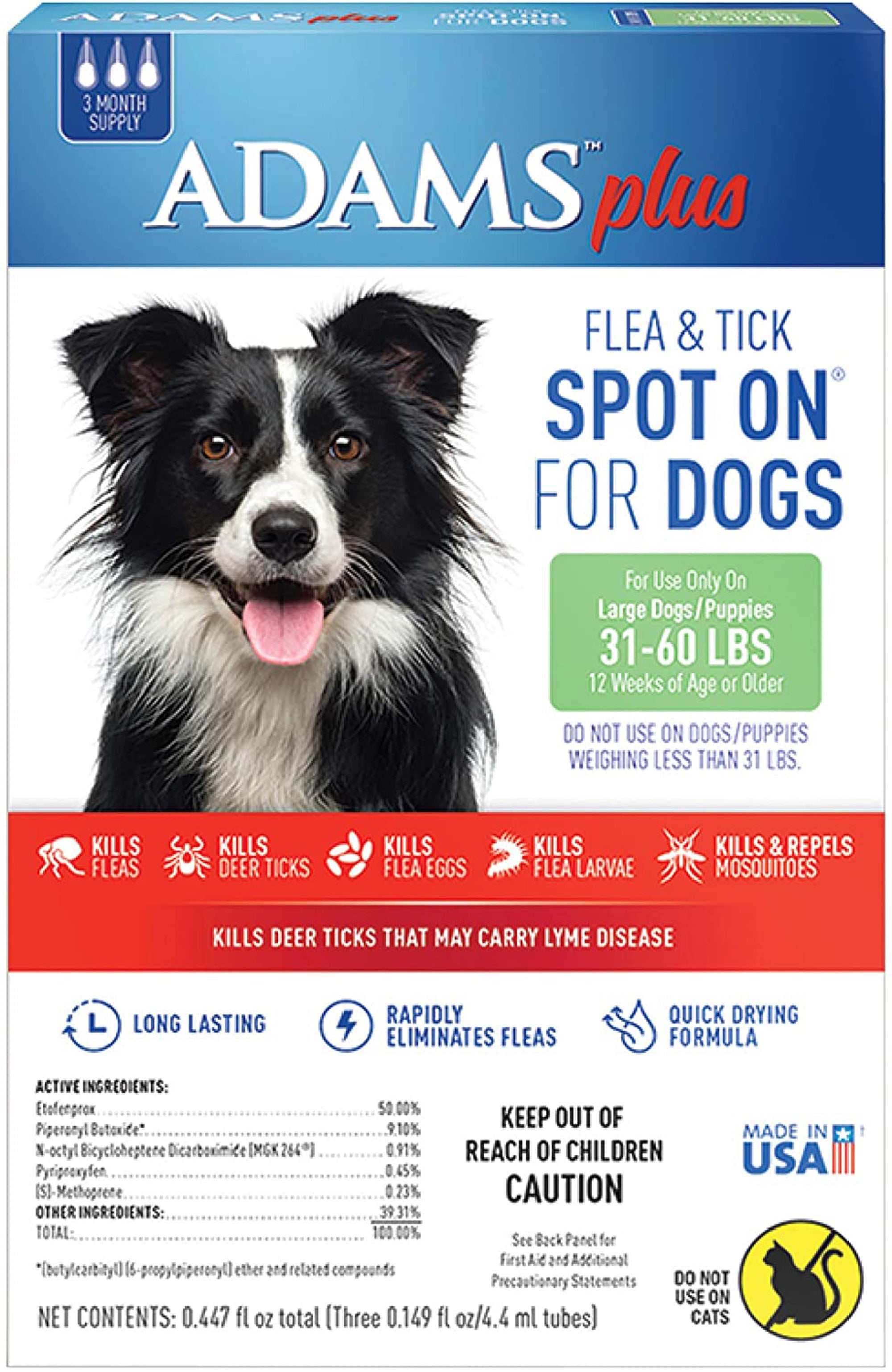 Adams Plus Flea  Tick Prevention Spot On for Dogs 3 Month Supply, Clear, 1ea/Large Dogs 31 To 60 lb